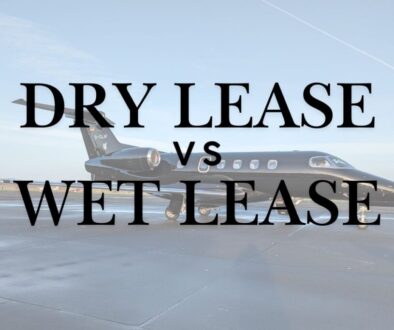 An image with a private jet charter with a sign stating a comparison of dry and wet aircraft leasing.