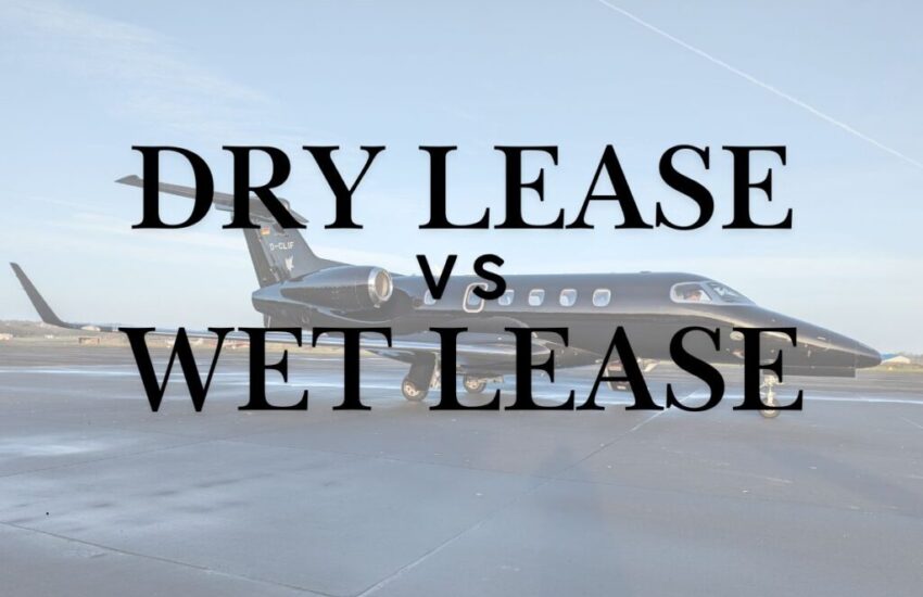 An image with a private jet charter with a sign stating a comparison of dry and wet aircraft leasing.