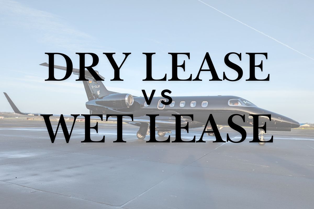 An image with a private jet charter with a sign stating a comparison of dry and wet aircraft leasing.