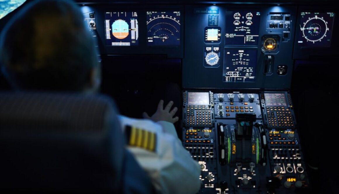 Airline pilot operating a cockpit equipped with advanced autopilots systems, flight instruments, and navigation displays.
