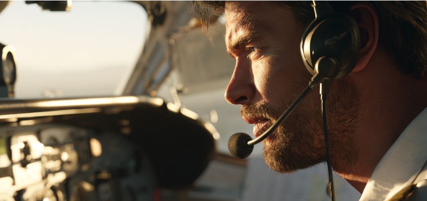Pilot communicating over headset mid-flight, demonstrating the use of the aviation alphabet for clear communication.