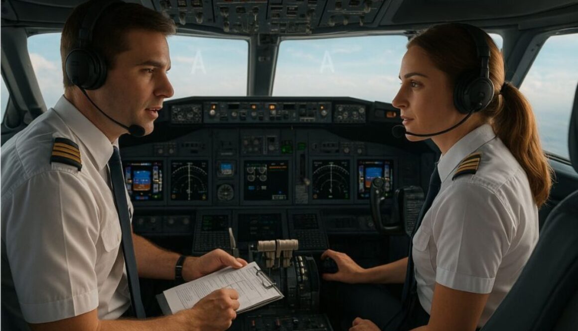 Two pilots discussing flight procedures in the cockpit, referencing communication codes from the aviation alphabet.
