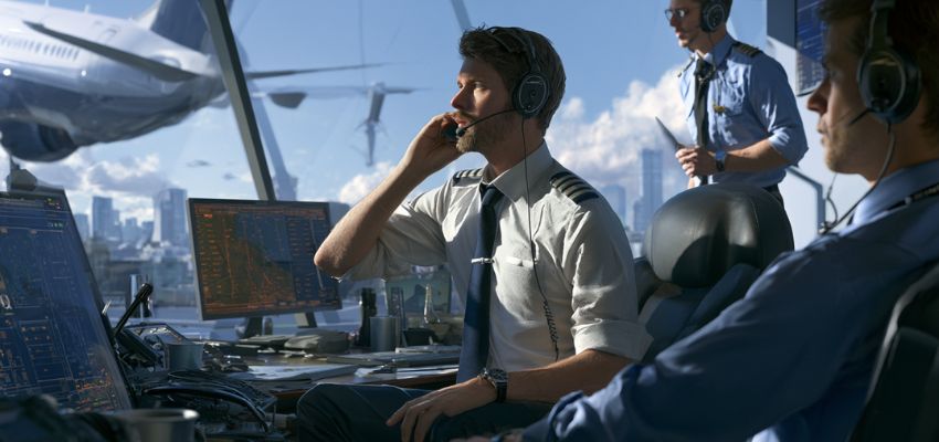 Pilot communicating over headset mid-flight, demonstrating the use of the aviation alphabet for clear communication.