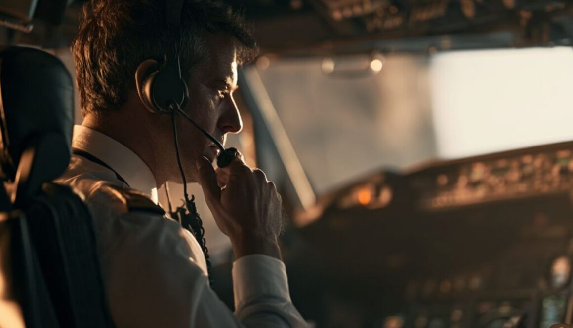 Pilot wearing a headset in the cockpit, ready to use the aviation alphabet for clear communication.