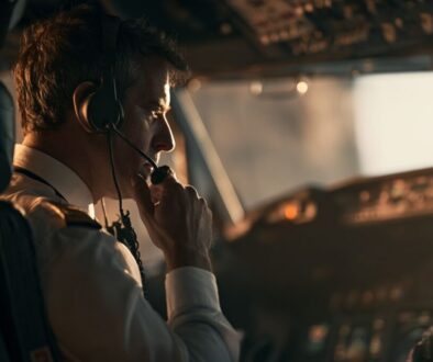 Pilot wearing a headset in the cockpit, ready to use the aviation alphabet for clear communication.