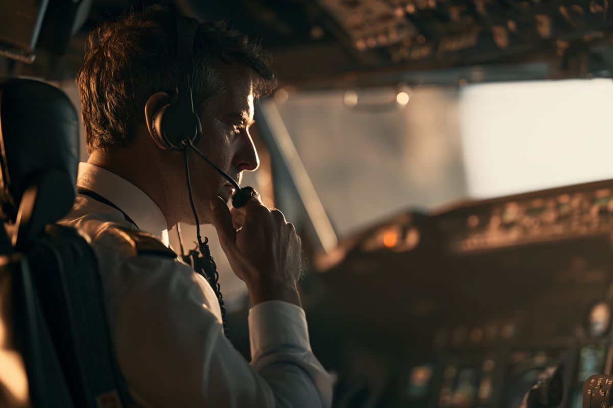 Pilot wearing a headset in the cockpit, ready to use the aviation alphabet for clear communication.