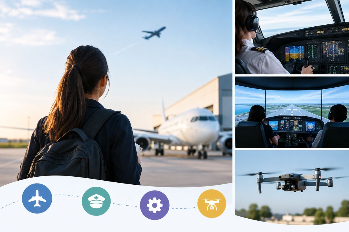 Aspiring pilot overlooking an airfield with cockpit and drone training scenes from the best aviation colleges.