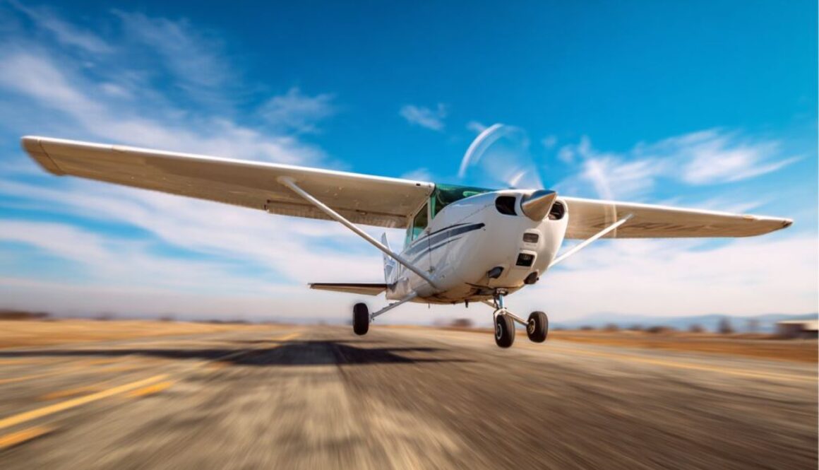 Light aircraft taking off, demonstrating torque and P-factor contributing to left turning tendencies.