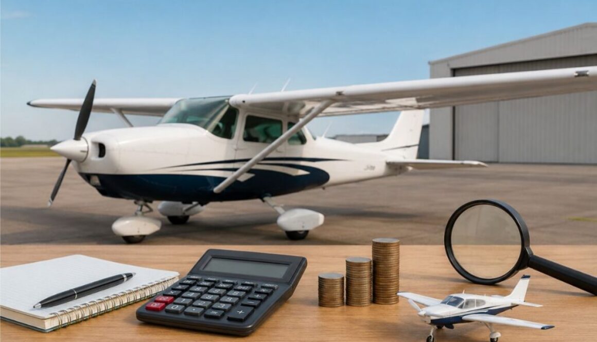 Small propeller plane on the tarmac with calculator and coins, highlighting research into the cheapest plane options.