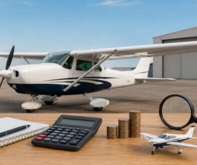 Small propeller plane on the tarmac with calculator and coins, highlighting research into the cheapest plane options.