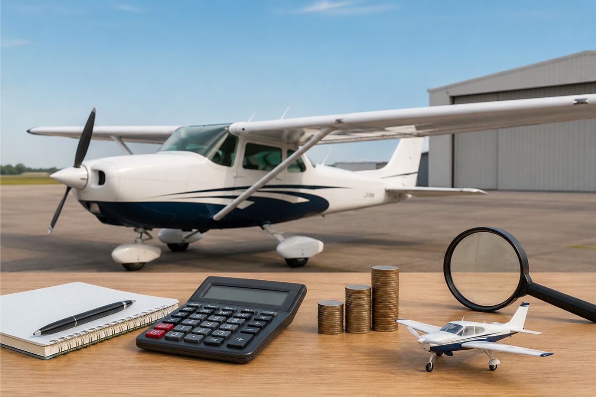 Small propeller plane on the tarmac with calculator and coins, highlighting research into the cheapest plane options.