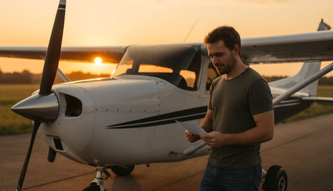 A man holding travel documents beside a small aircraft, symbolizing the search for the cheapest plane for budget-friendly flying.