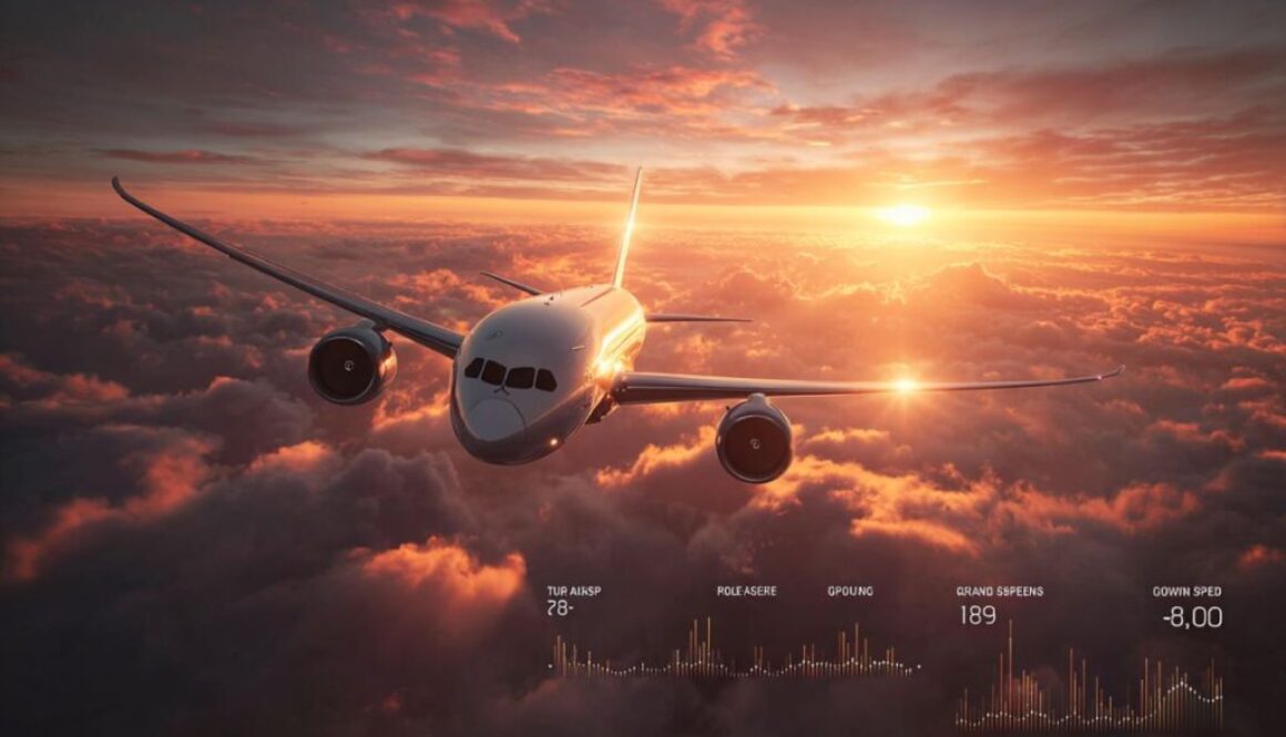 Airplane flying through vibrant orange clouds at sunset with digital flight data overlay, visually demonstrating plane speed in air at high altitude.