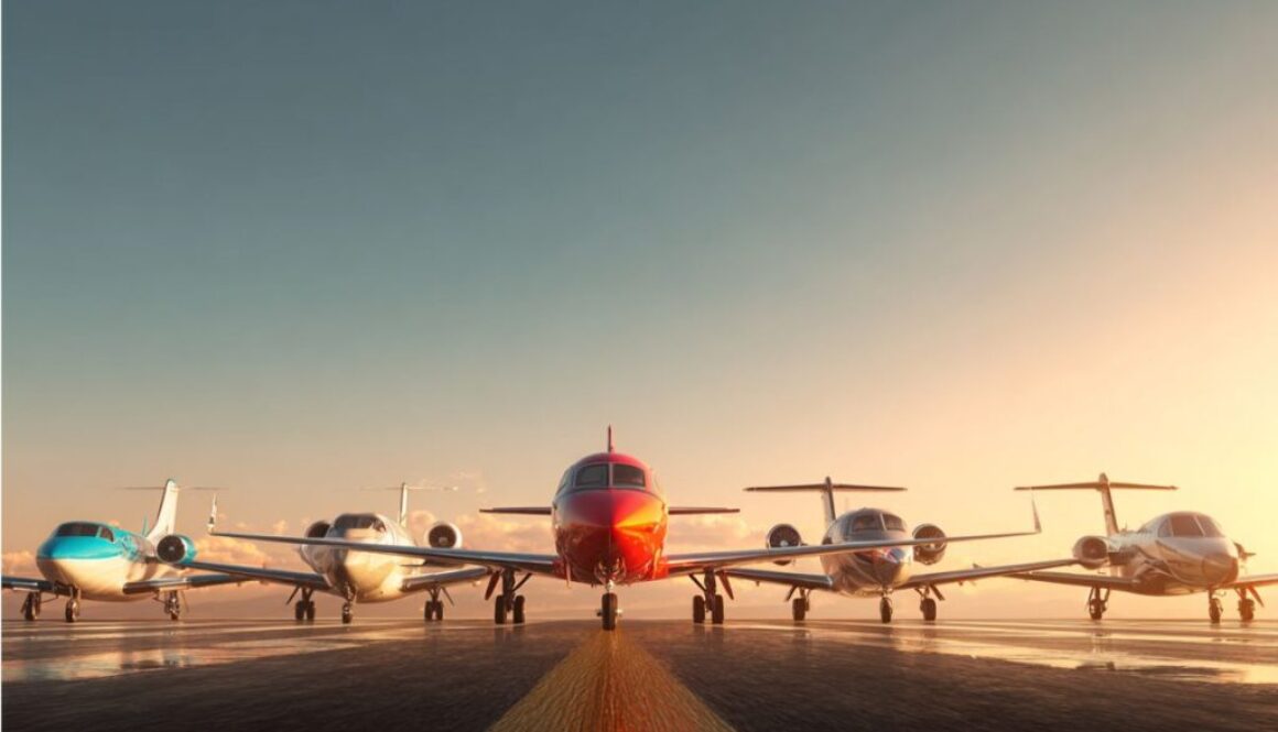 Different types of private jets lined up on a runway at sunrise, showcasing various models for explaining types of airplanes.