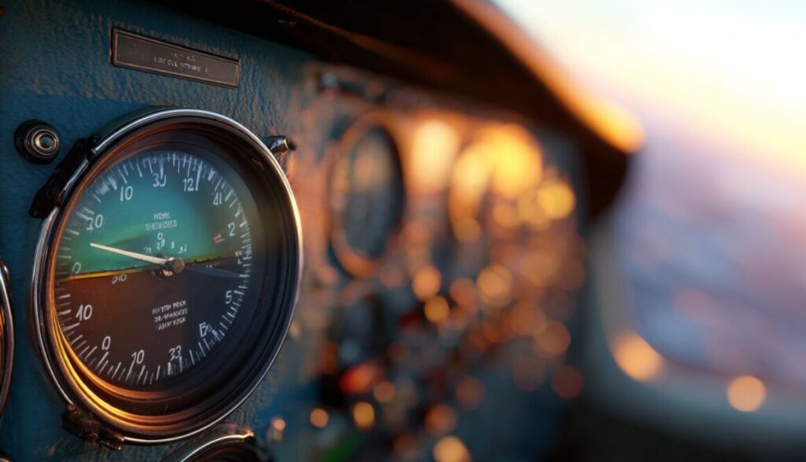 Vertical speed indicator: detailed close-up of traditional aircraft VSI gauge in cockpit instrument panel, displaying rate of climb or descent during golden-hour flight