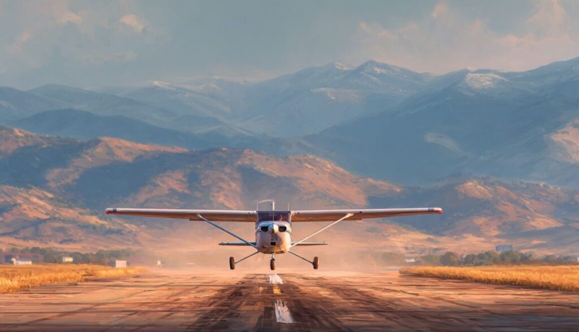 A light single-engine airplane accelerating down a mountain runway for takeoff, with towering peaks and golden morning light in the background, visually representing the reduced aircraft performance pilots encounter when operating in high density altitude conditions.