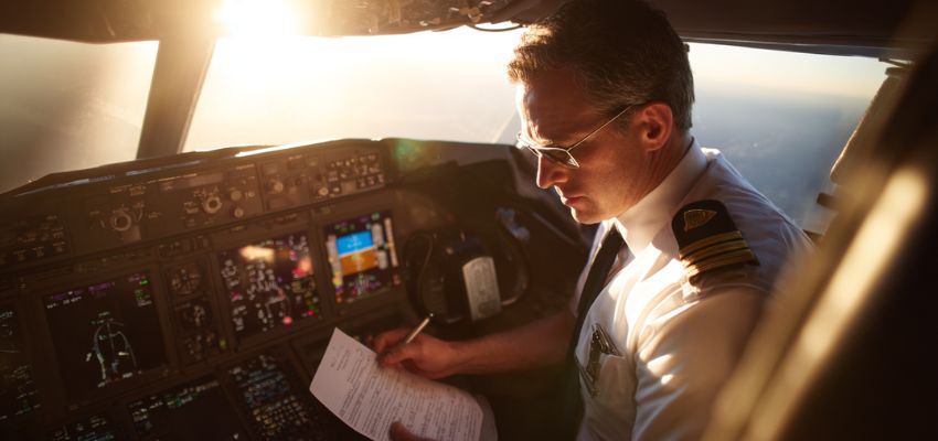 Experienced pilot studying a checklist or log in the cockpit at dusk, highlighting how aviation acronyms appear in daily flight documentation and procedures