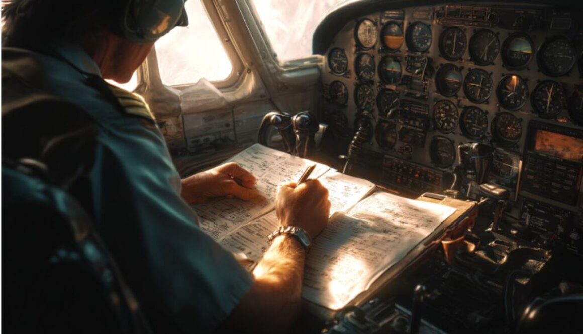 Pilot in cockpit writing notes on paperwork during golden-hour flight, surrounded by avionics displays, illustrating common use of aviation acronyms in pre-flight checks and logs