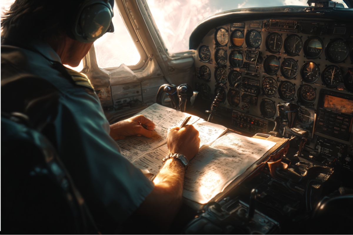 Pilot in cockpit writing notes on paperwork during golden-hour flight, surrounded by avionics displays, illustrating common use of aviation acronyms in pre-flight checks and logs