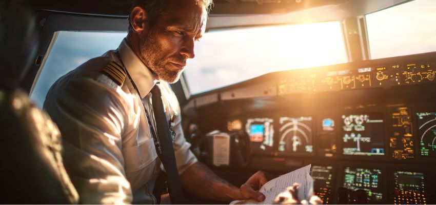 Pilot wearing headset diligently filling out a flight logbook in cockpit, capturing the routine notation of aviation acronyms during en-route operations