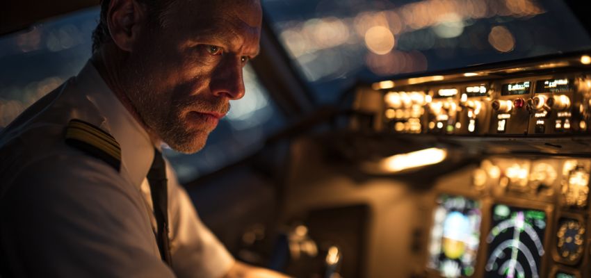 Focused pilot in cockpit studying instruments while learning how to read altimeter at night