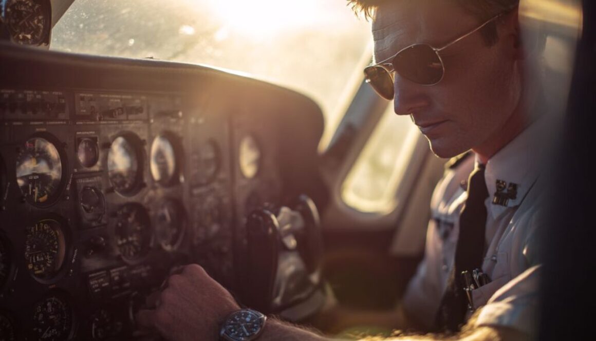 Pilot wearing sunglasses carefully adjusting controls to demonstrate how to read altimeter