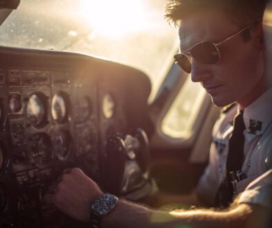 Pilot wearing sunglasses carefully adjusting controls to demonstrate how to read altimeter