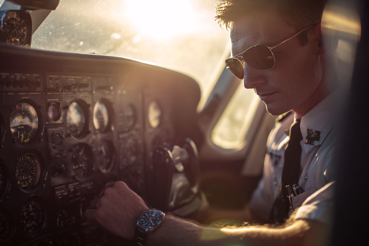 Pilot wearing sunglasses carefully adjusting controls to demonstrate how to read altimeter