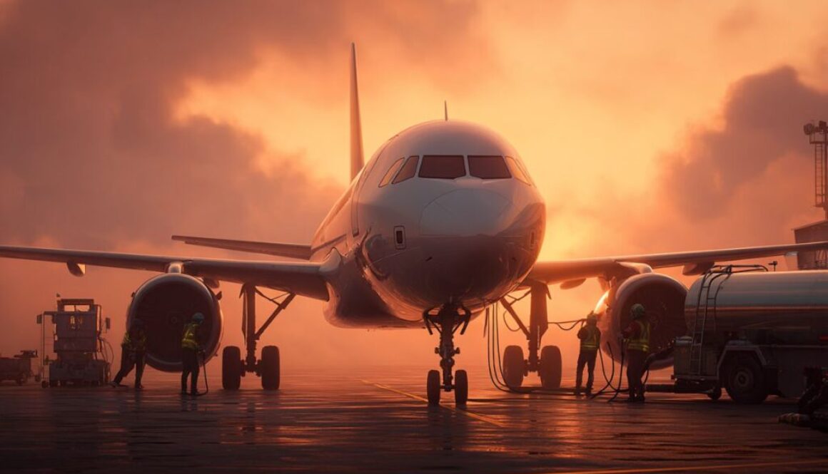 Jet fuel vs kerosene with an airplane being refueled on the tarmac at sunset by ground crew