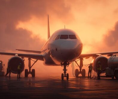 Jet fuel vs kerosene with an airplane being refueled on the tarmac at sunset by ground crew