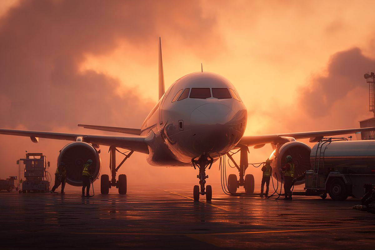 Jet fuel vs kerosene with an airplane being refueled on the tarmac at sunset by ground crew