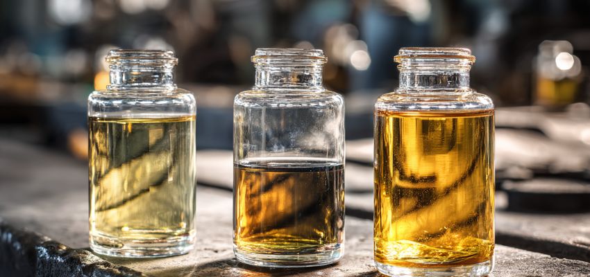 Jet fuel vs kerosene comparison showing three glass jars with different shades of fuel liquids