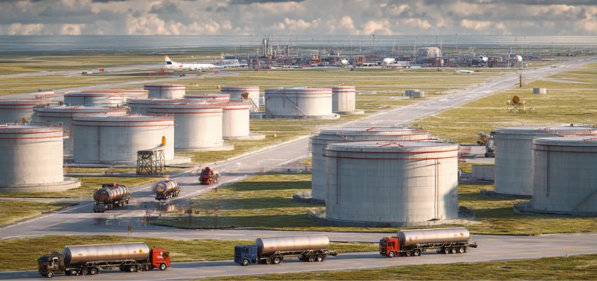 Jet fuel vs kerosene illustrated by large fuel storage tanks and tanker trucks at an airport refinery