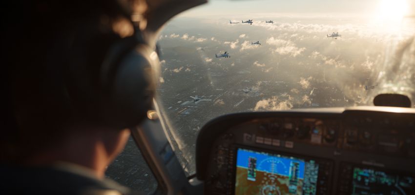 Aircraft formation seen from cockpit under visual flight rules with wide sky visibility