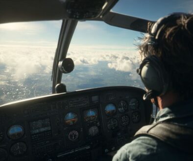 Pilot navigating aircraft with clear horizon view demonstrating visual flight rules in action