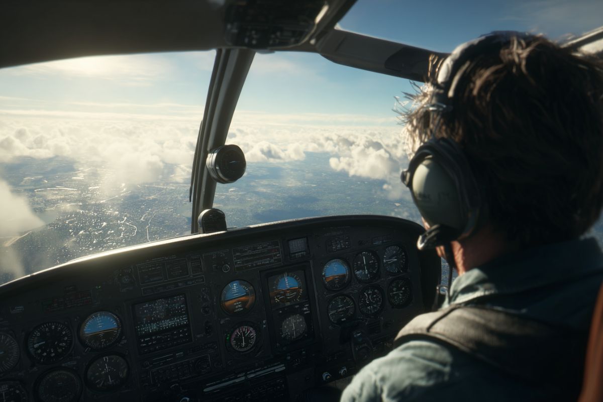 Pilot navigating aircraft with clear horizon view demonstrating visual flight rules in action