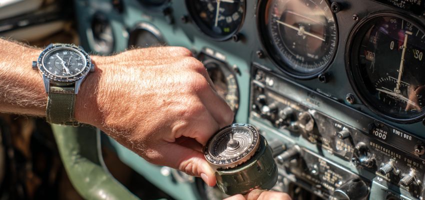Pilot’s hand adjusting a gyroscopic instrument in the cockpit, demonstrating gyroscopic precession aviation