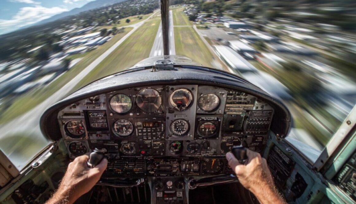 Pilot’s point of view during takeoff showing cockpit instruments and runway, related to gyroscopic precession aviation