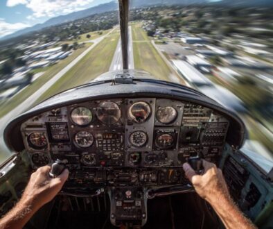 Pilot’s point of view during takeoff showing cockpit instruments and runway, related to gyroscopic precession aviation