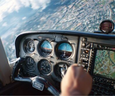 Pilot’s view of aircraft cockpit instruments highlighting magnetic compass errors while flying over terrain