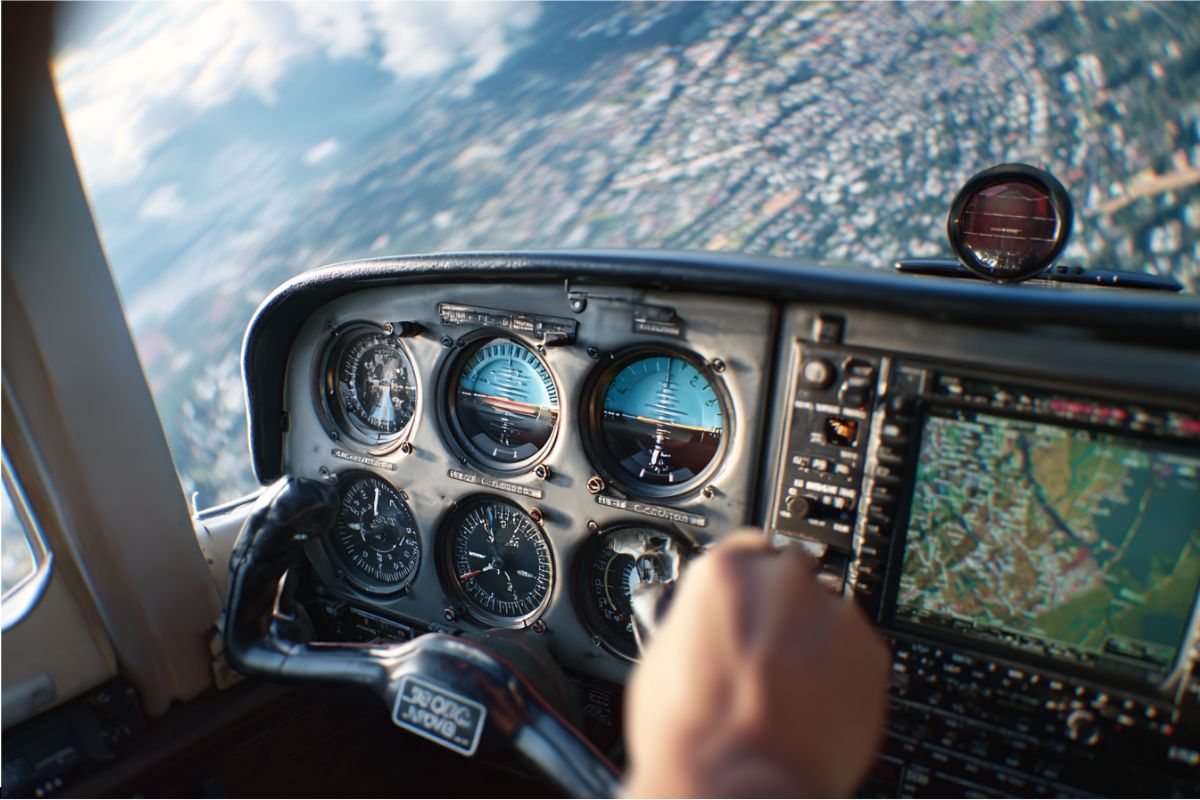 Pilot’s view of aircraft cockpit instruments highlighting magnetic compass errors while flying over terrain