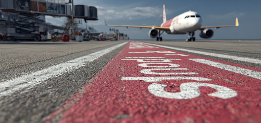 Commercial airplane taxiing on the airport runway with red 'STOP' markings visible on the tarmac, capturing the critical ground movement phase before takeoff