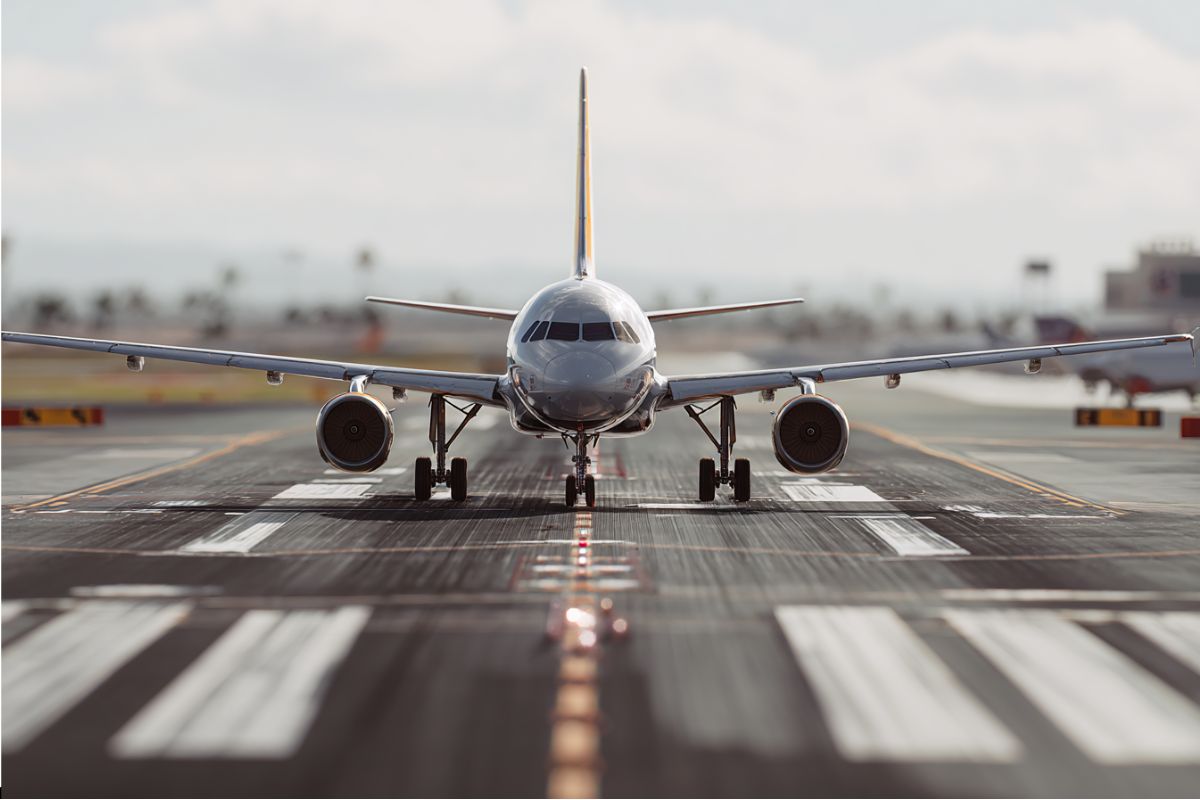 Head-on view of a passenger airplane taxiing down the runway centerline, ready for departure from the airport