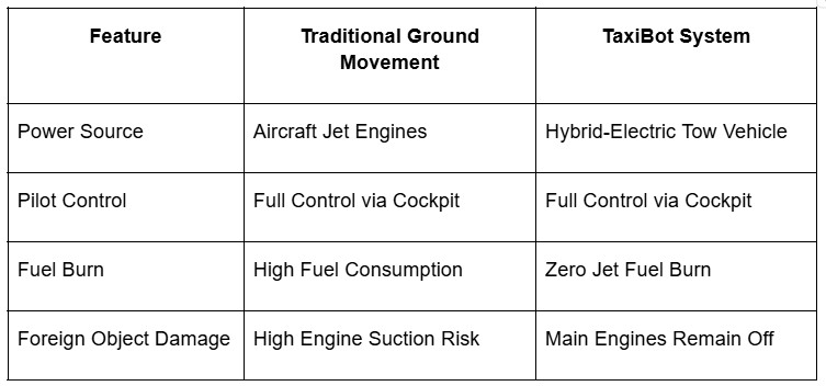 Informative comparison chart between traditional ground movement and TaxiBot system, highlighting efficiency and safety benefits during aircraft taxiing