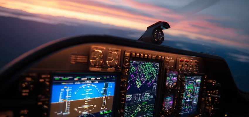 Stunning sunset cockpit view featuring the digital turn coordinator and advanced flight instruments