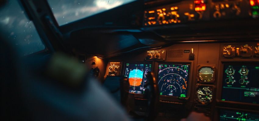 Pilot’s view inside a modern aircraft cockpit with illuminated instruments, highlighting the turn coordinator
