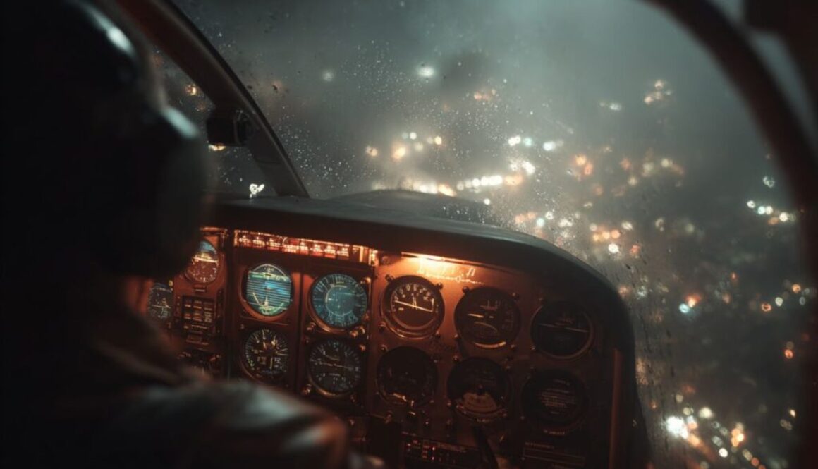 Pilot at the controls during a night flight, with the turn coordinator visible on the instrument panel over city lights