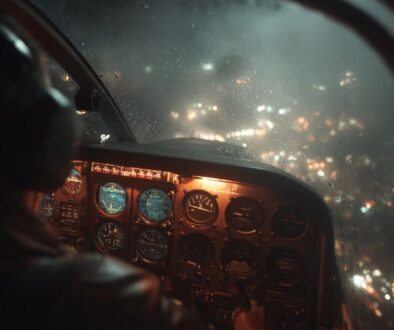 Pilot at the controls during a night flight, with the turn coordinator visible on the instrument panel over city lights