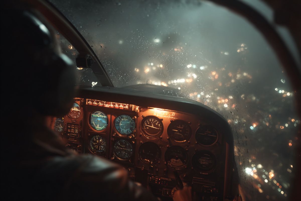 Pilot at the controls during a night flight, with the turn coordinator visible on the instrument panel over city lights