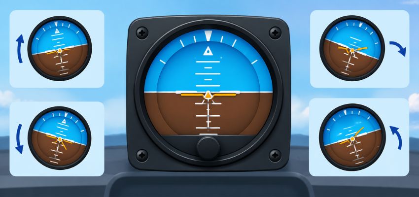Attitude indicator with pitch and bank examples explaining one of the core 6 pack instruments